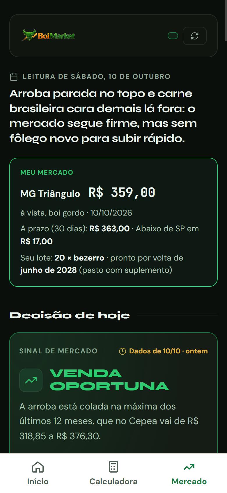 Aba Mercado do Ponteiro: a leitura do dia, o bloco Meu mercado com a arroba de MG Triângulo a R$ 359,00, a diferença para SP e o mês em que o lote fica pronto, e o sinal de mercado do dia.